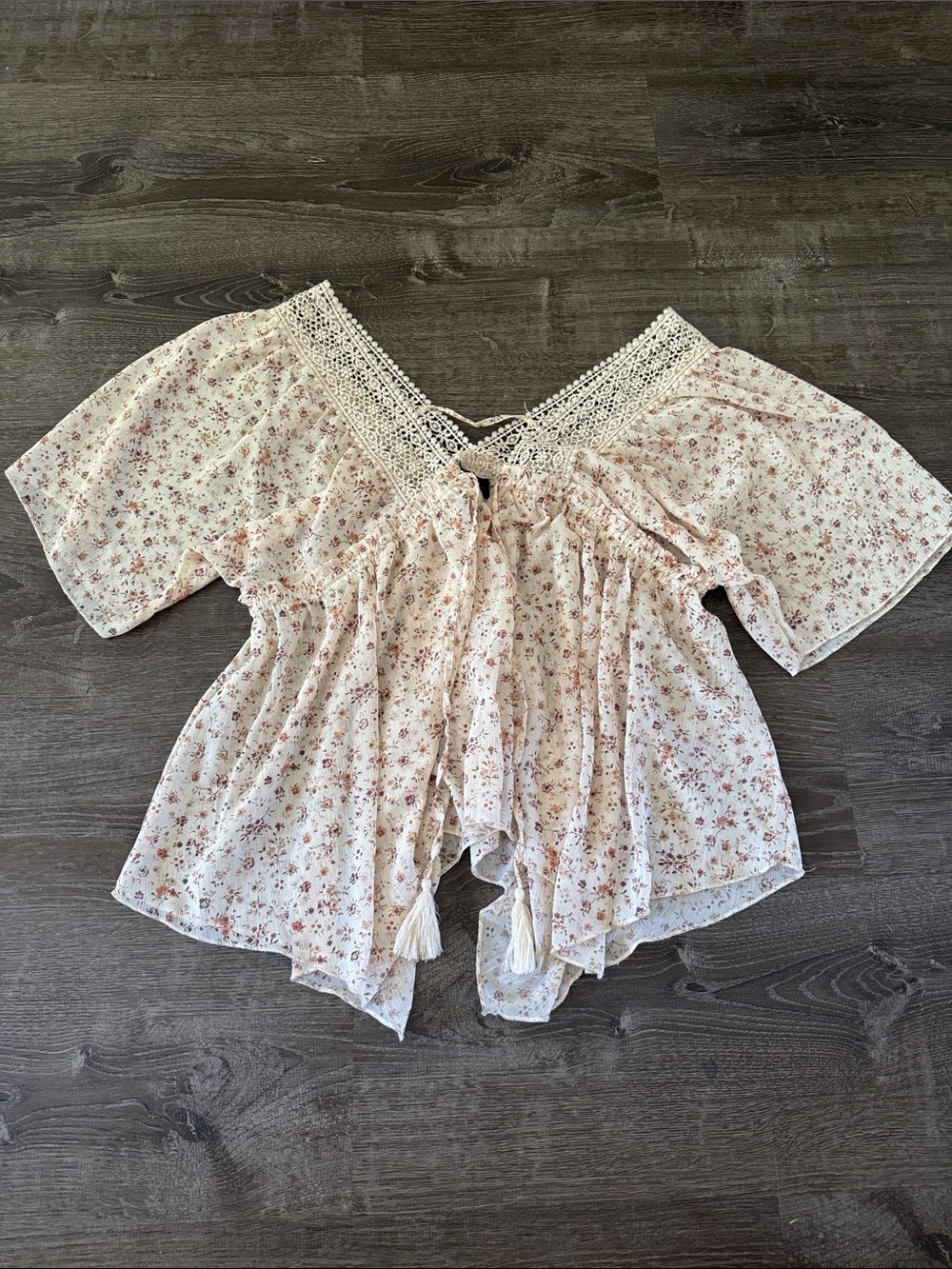 Day Trip Small Boho Lace-Trim Floral Peasant Top - Cream/Pink